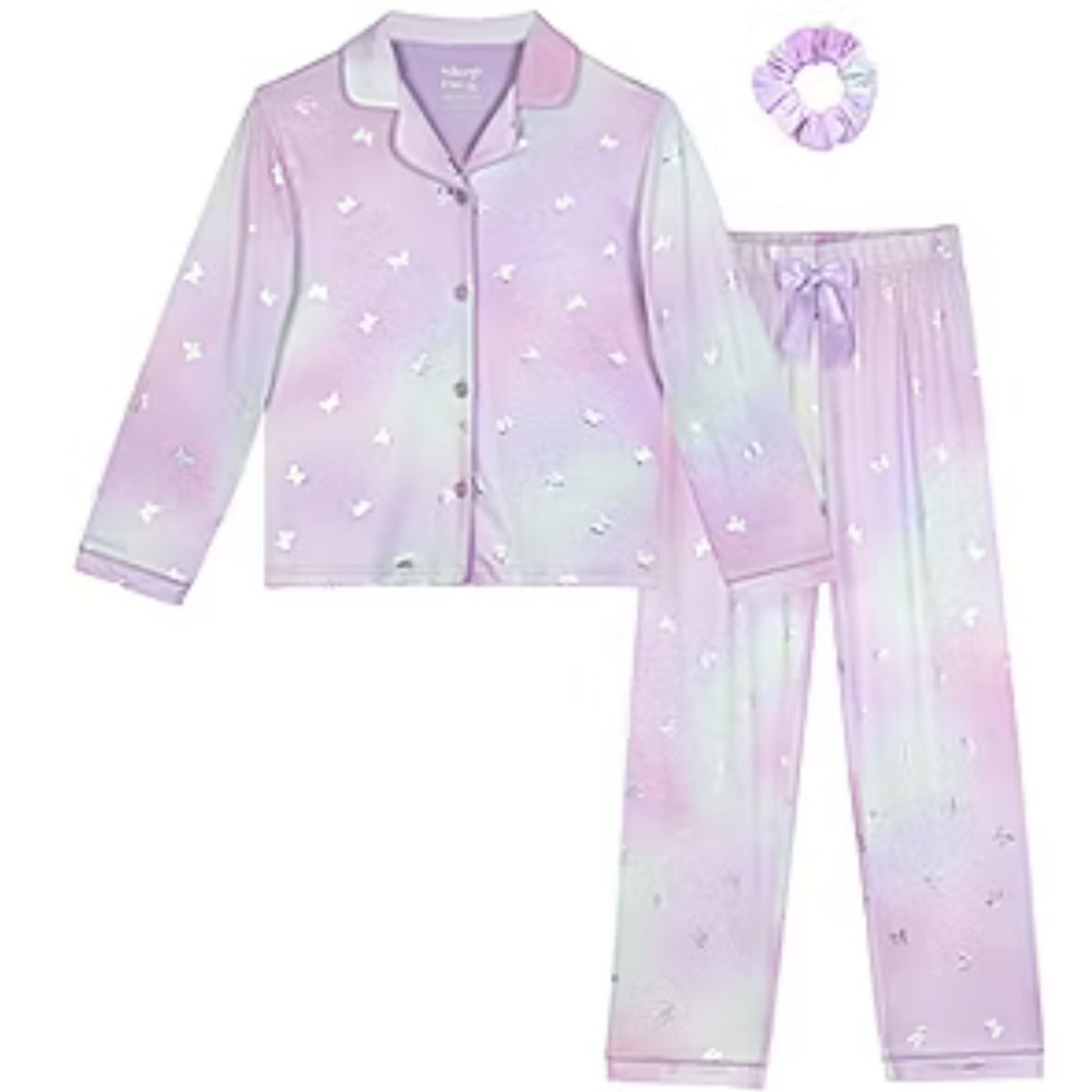 Sleep On It Girls' Lavender Pastel Ombre Butterfly Pajama Set with Scrunchie